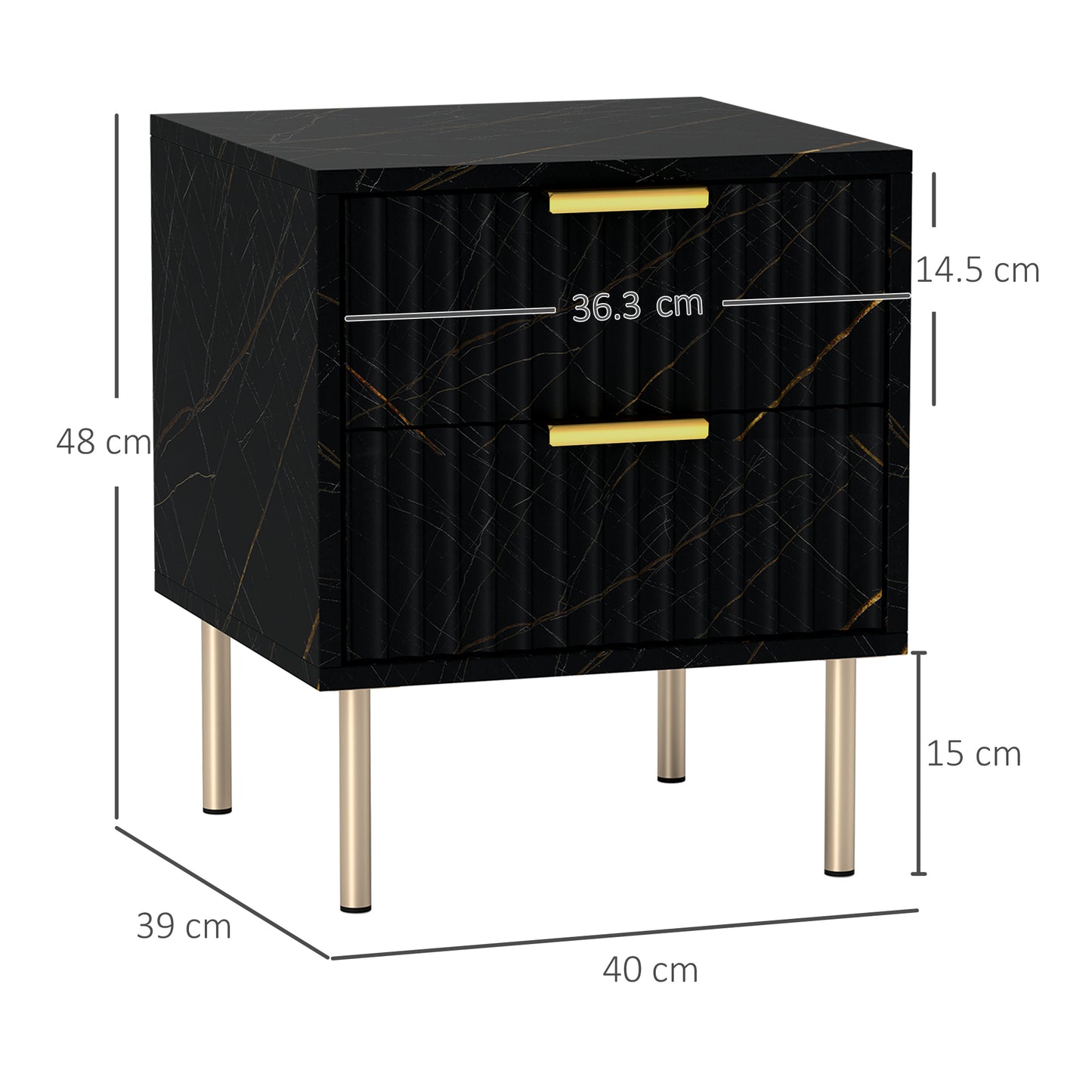 Selu Black and Gold Art Deco 2 Drawer Bedside Table Ribbed Design
