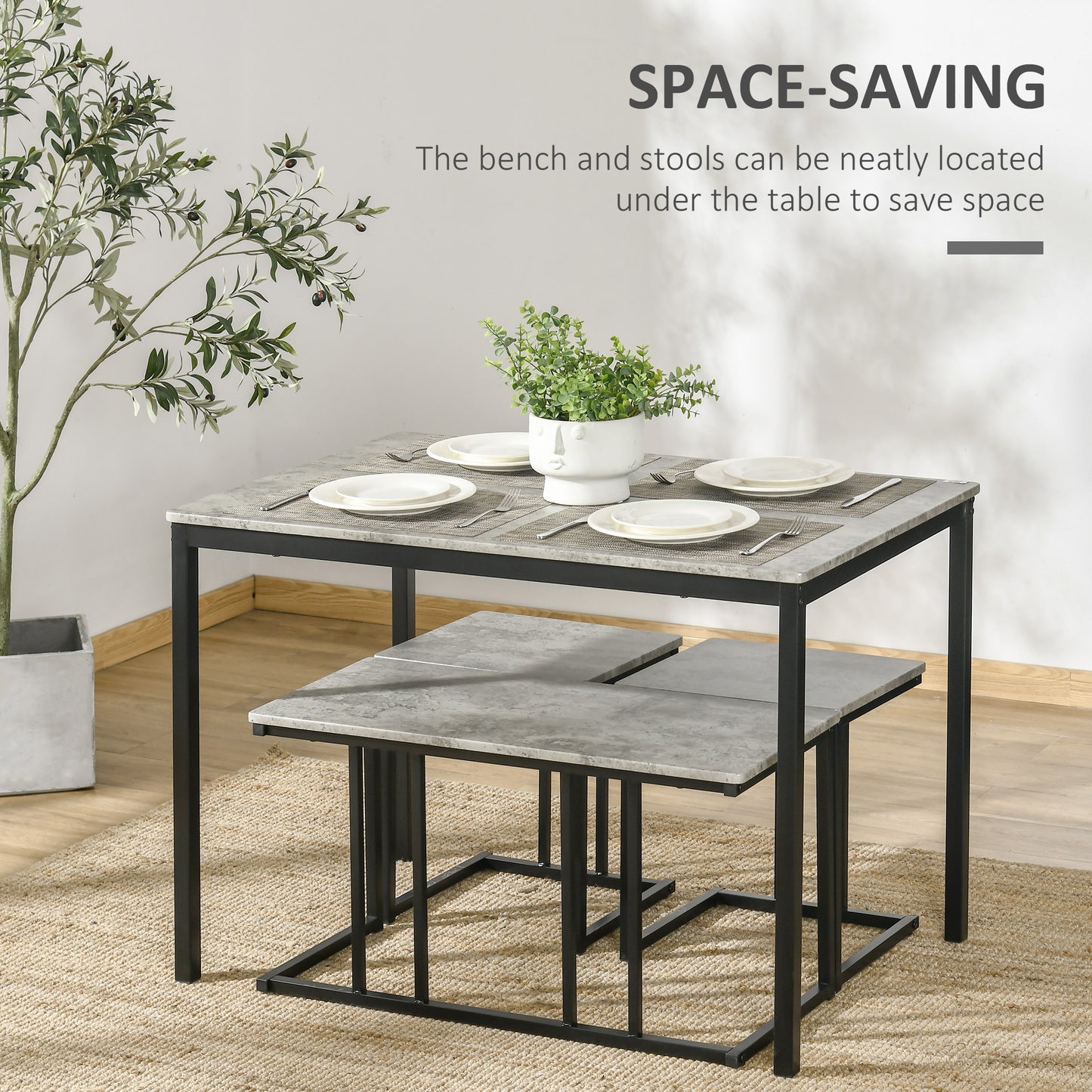 Suroso Metal And Wood Grey Concrete Effect Dining Table And Bench Set For 4