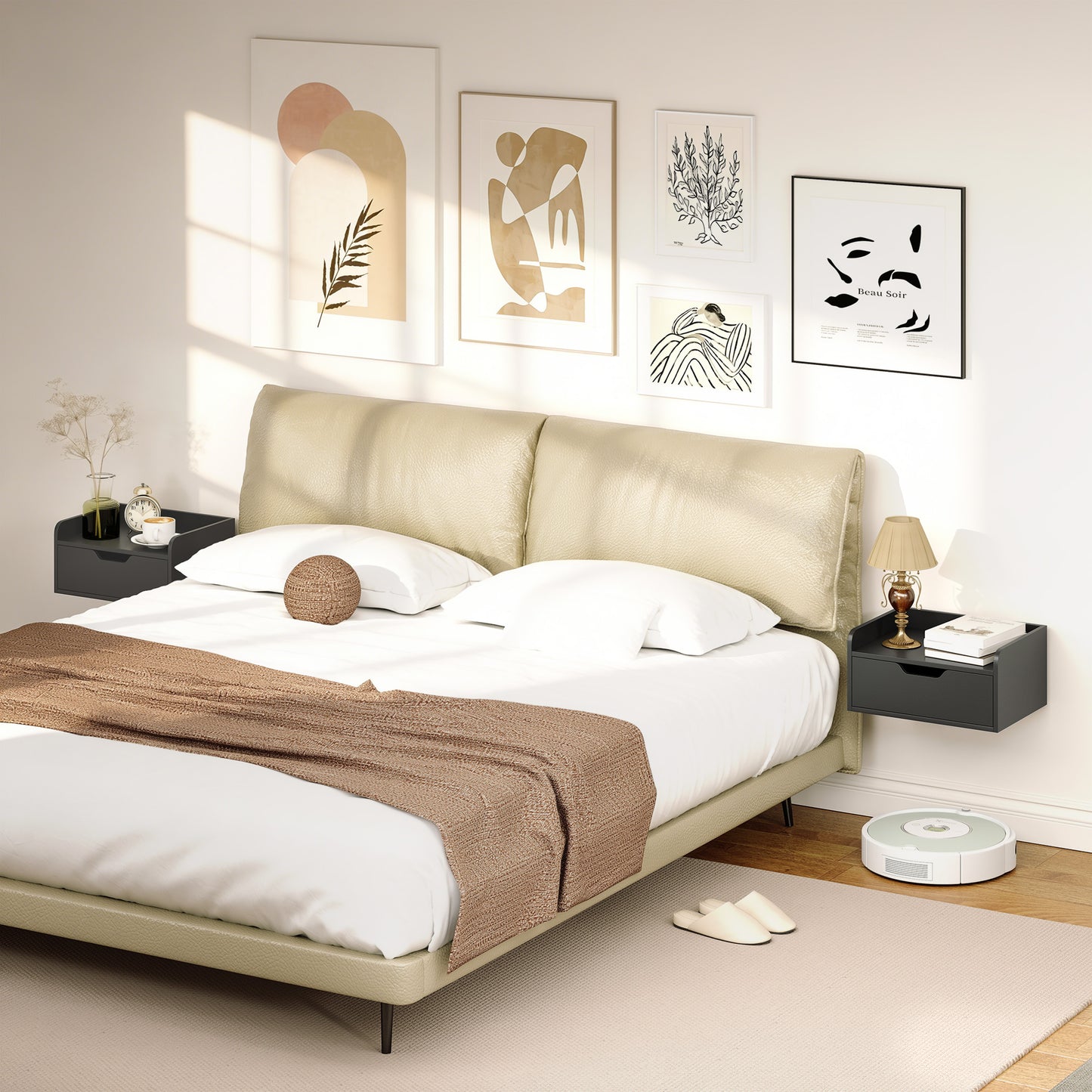 Levaco Set Of 2 Wall Mounted Wooden Black Bedside Tables With Drawer Storage