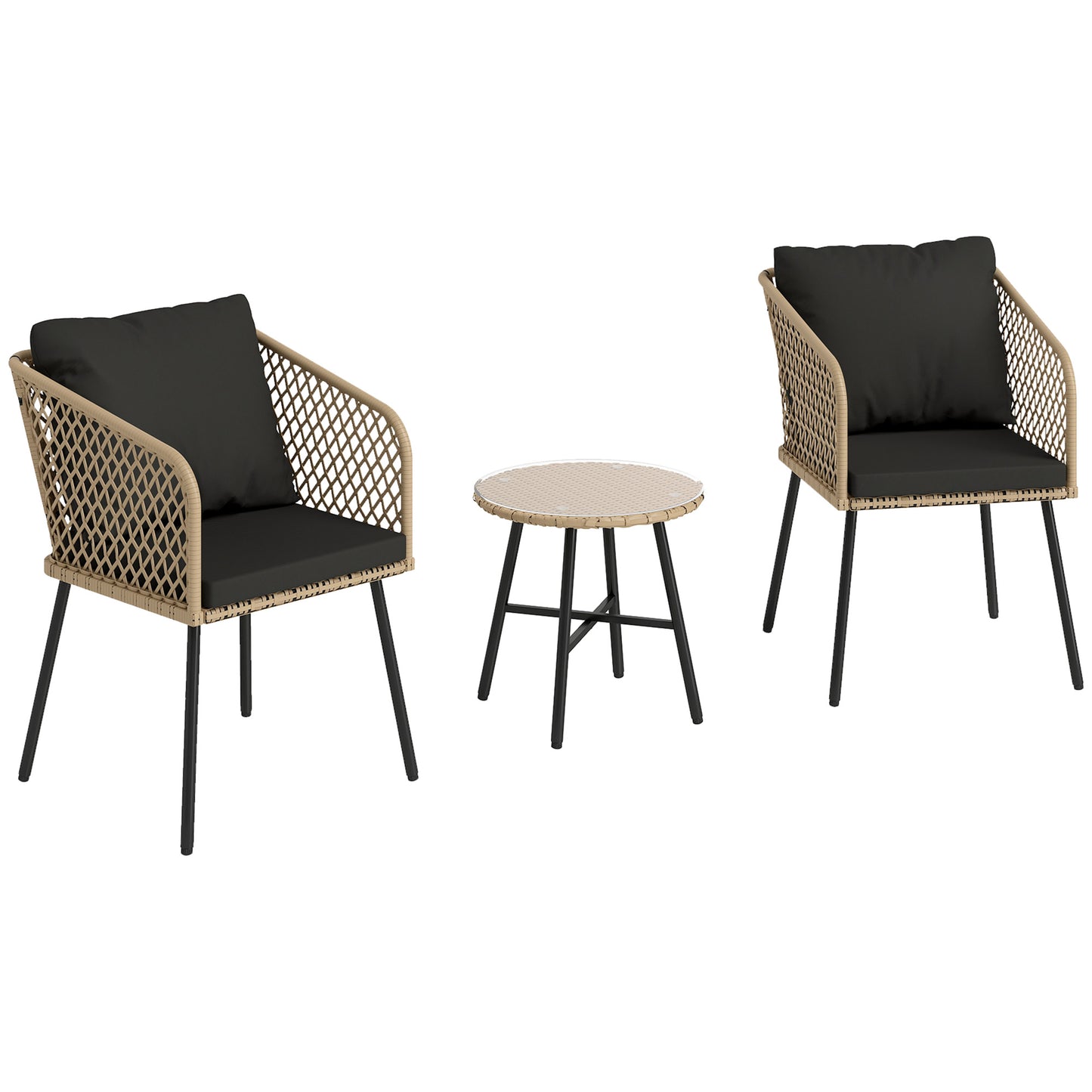 Mirata Natural Brown Rattan Rope Bistro Set with Black Cushions