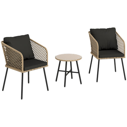 Mirata Natural Brown Rattan Rope Bistro Set with Black Cushions