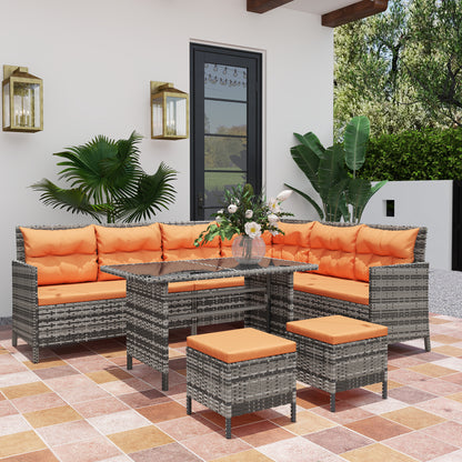 Tasu Rattan Orange And Grey 7 Seater Outdoor Sofa Set With Cushions And Glass Tables