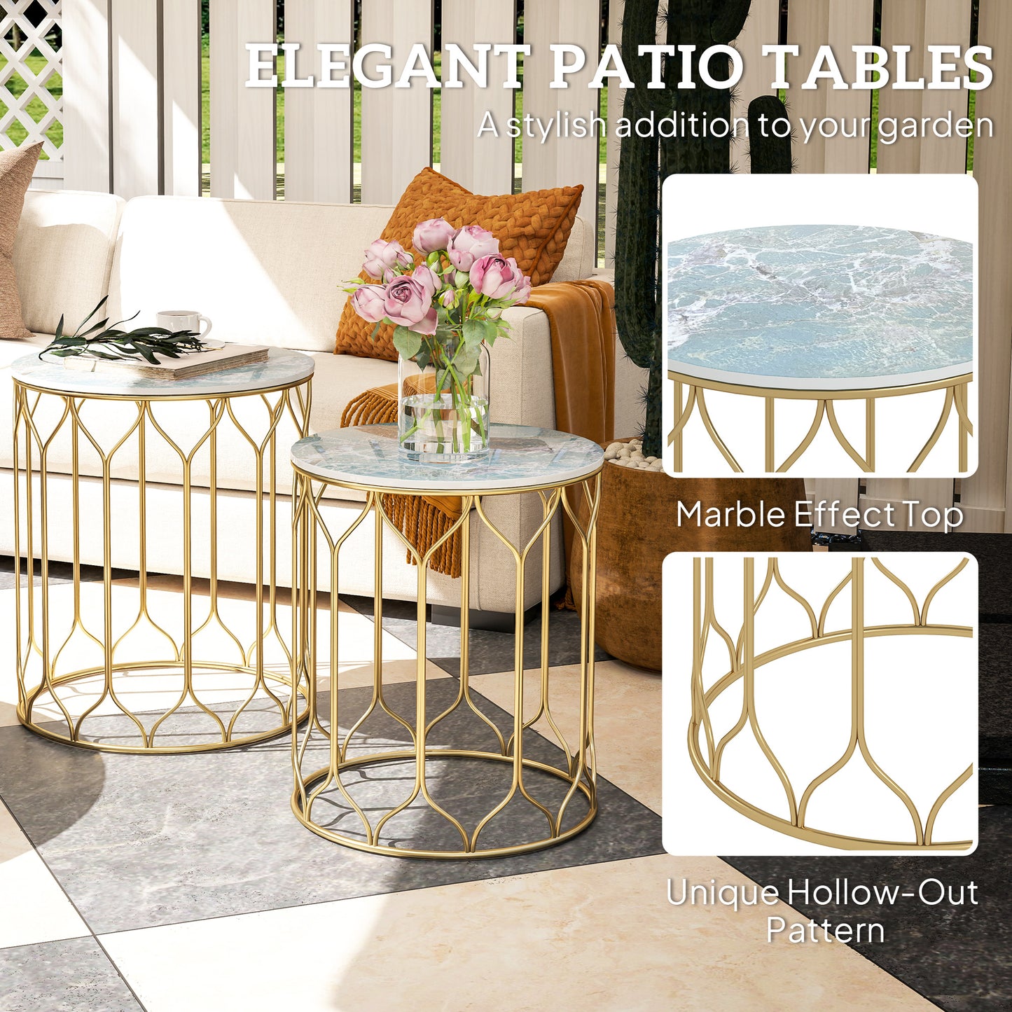 Loba Set Of 2 Marble Effect Round Nesting Outdoor Coffee Tables With Ceramic Tile Tops