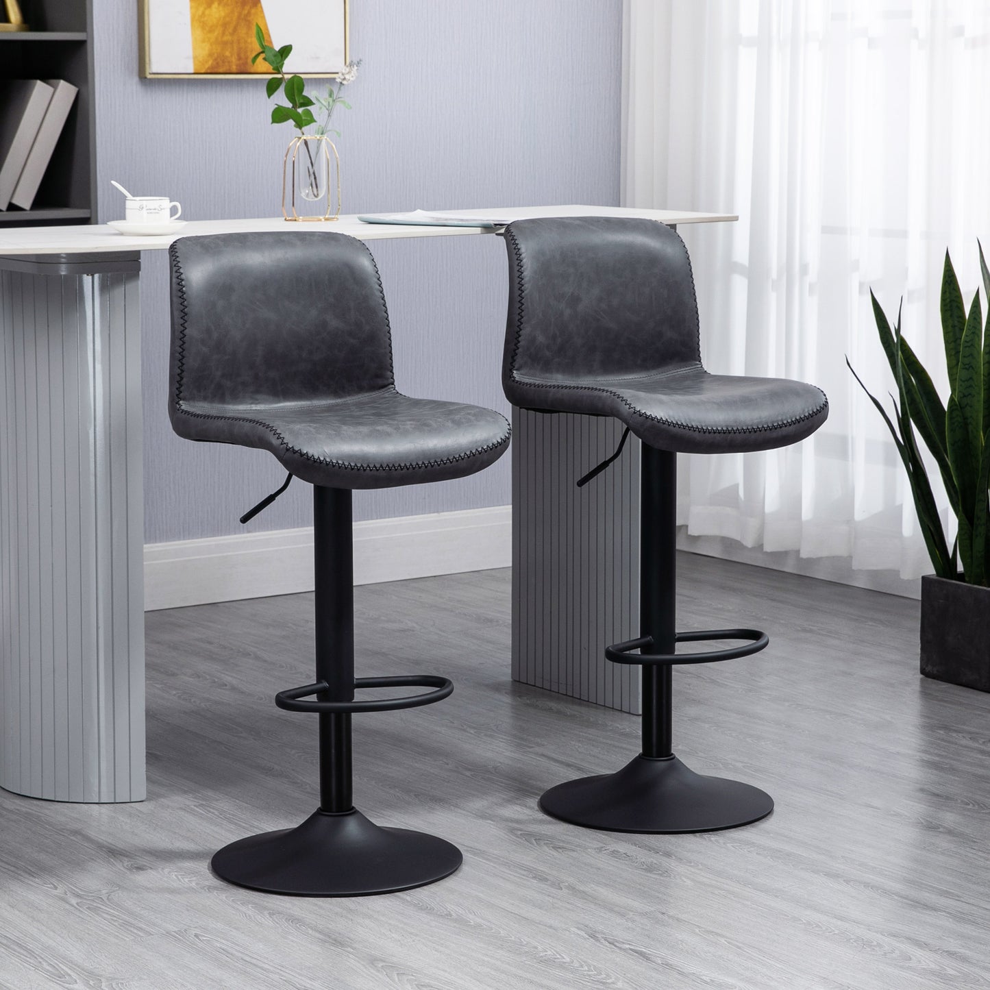 Moretta Faux Leather Dark Grey Bar Stools Set Of 2 With Backrest And Integrated Footrest