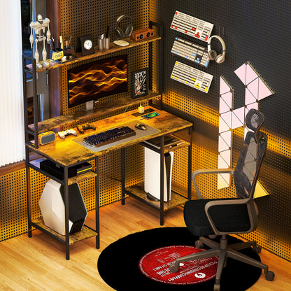 Sedo 120cm Rustic Brown Gaming Desk With Power Outlets LED Lights Monitor Stand And Storage Hutch