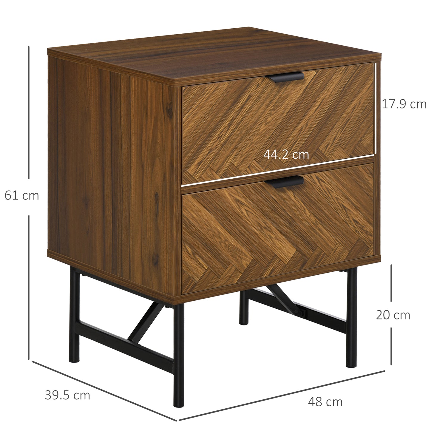 Lipana Wood Walnut Brown 2 Drawer Bedside Table With Metal Handle Detail