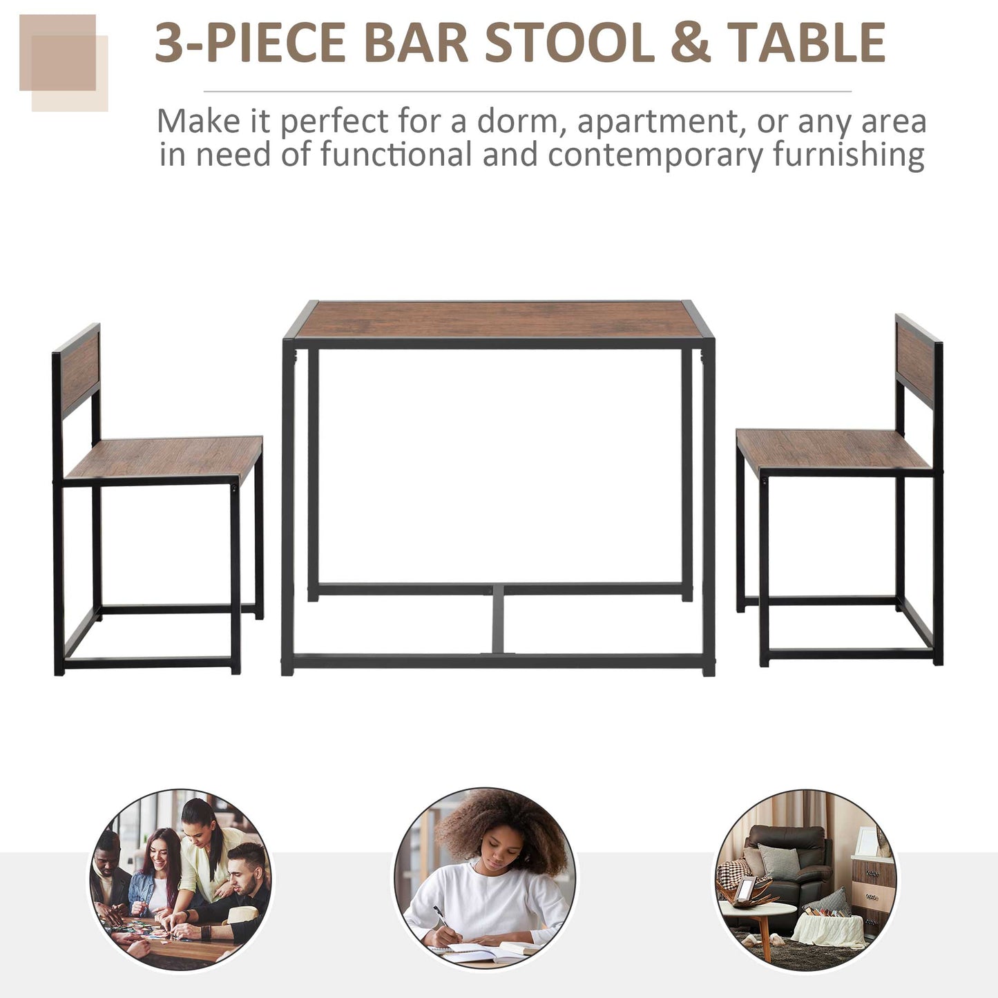 Lottopa Metal And Wooden Natural Compact Dining Table And Chair Set For Small Kitchens