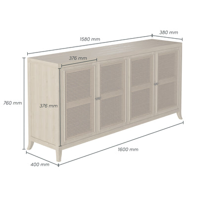Ilhabela Natural Oak and Rattan 4 Door Sideboard