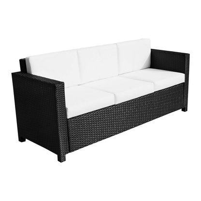 Sudori Black Rattan 3 Seater Outdoor Sofa With White Cushions