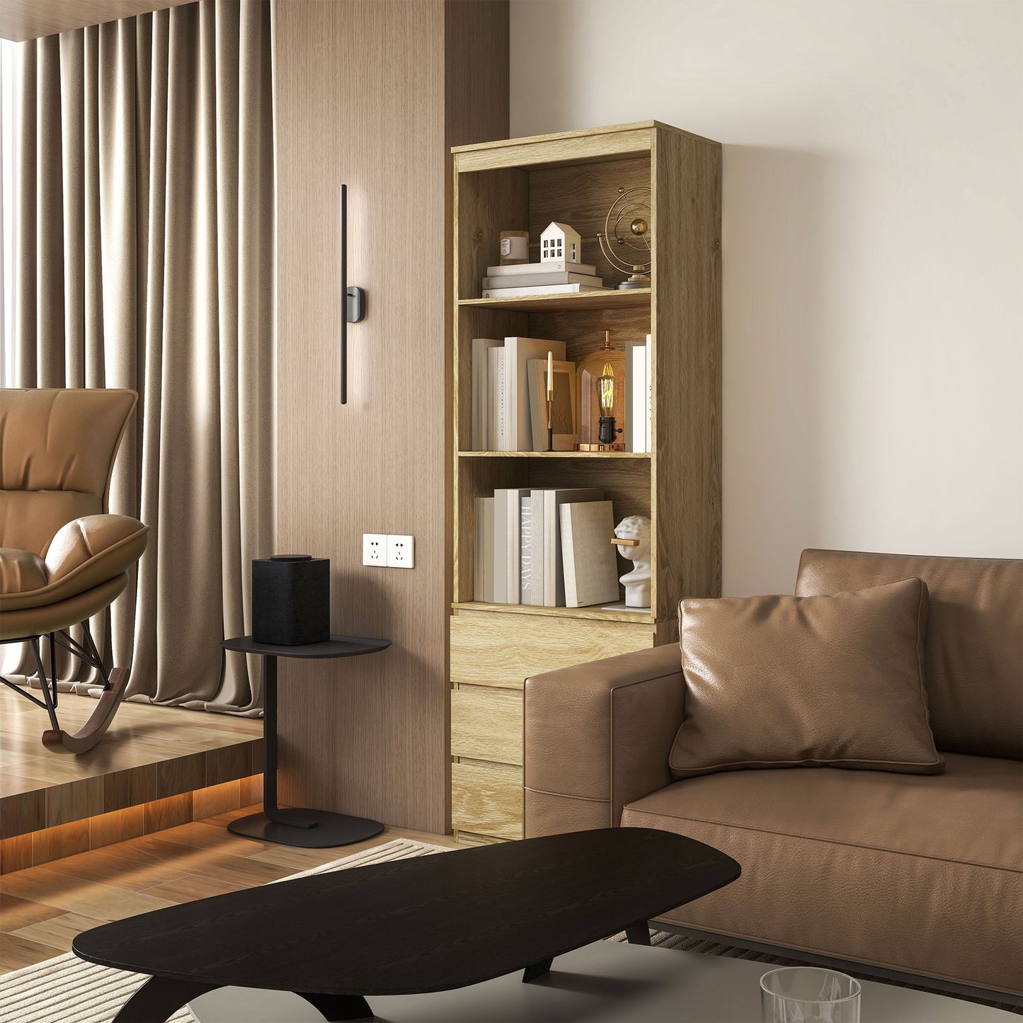Codico Wood Effect Tall Bookcase With Shelves And Integrated Drawers 180cm