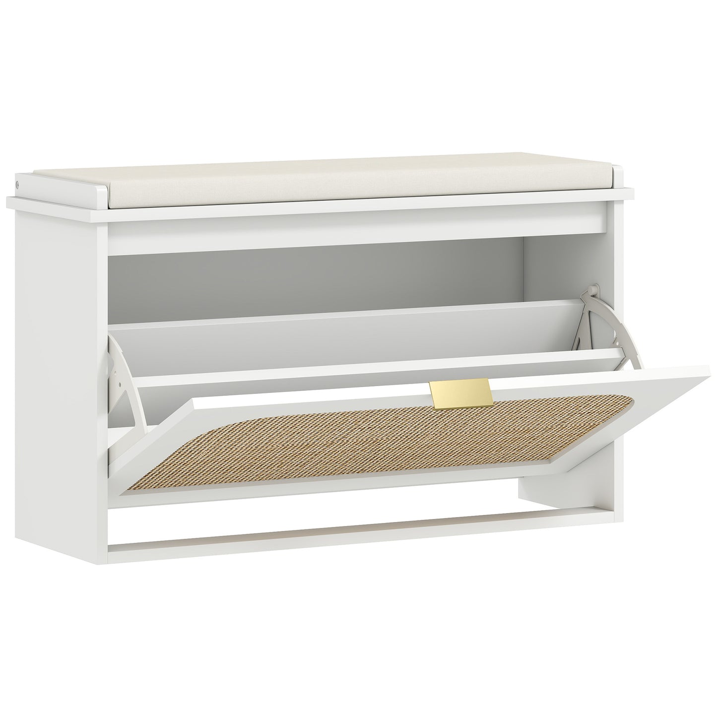 Kekami Wooden White Boho Style Shoe Bench With Cushioned Seat And Flip Drawer