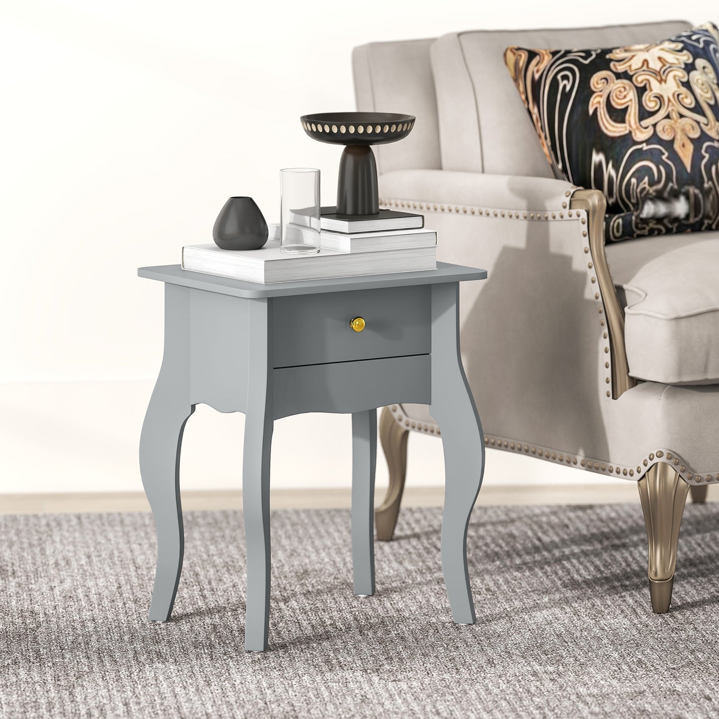 Noha Wooden Grey French Style Side Table With Drawer