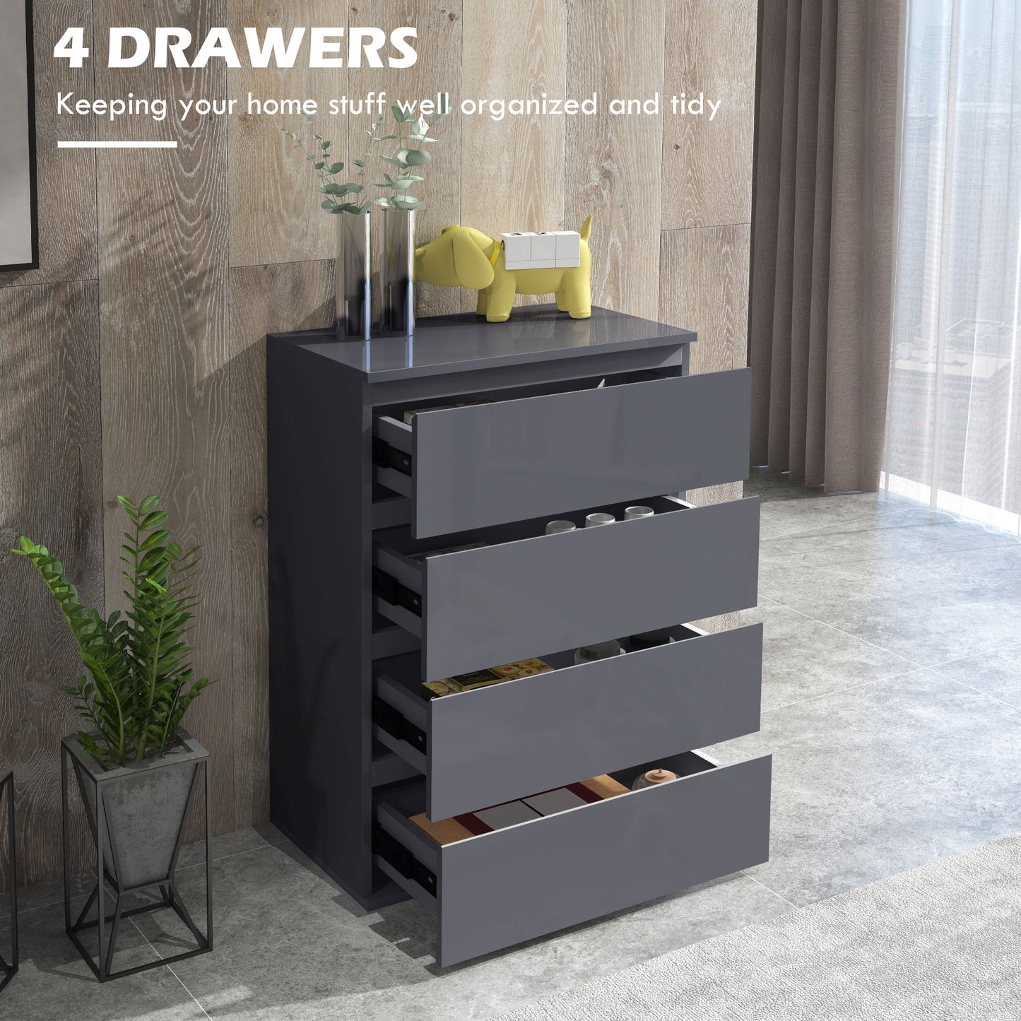 Valo Leha High Gloss Grey 4 Drawer Chest Of Drawers With Modern Storage Design