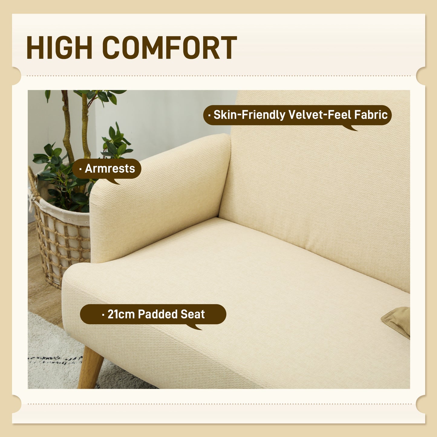 Zipato Velvet Cream Compact 2 Seater Sofa With Extra Thick Padding And Wooden Legs