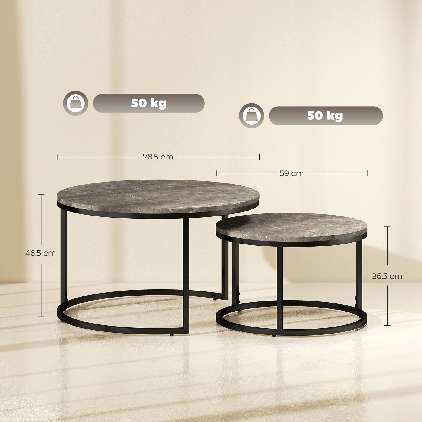 Reniso Set Of 2 Metal And Wood Marble Effect Industrial Round Nesting Coffee Tables