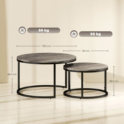 Reniso Set Of 2 Metal And Wood Marble Effect Industrial Round Nesting Coffee Tables