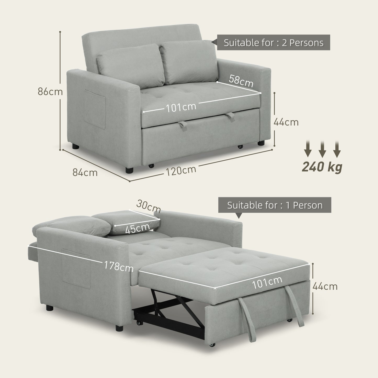 Sedisa Fabric Light Grey 2 Seater Convertible Sofa Bed With Side Pockets And Cushions