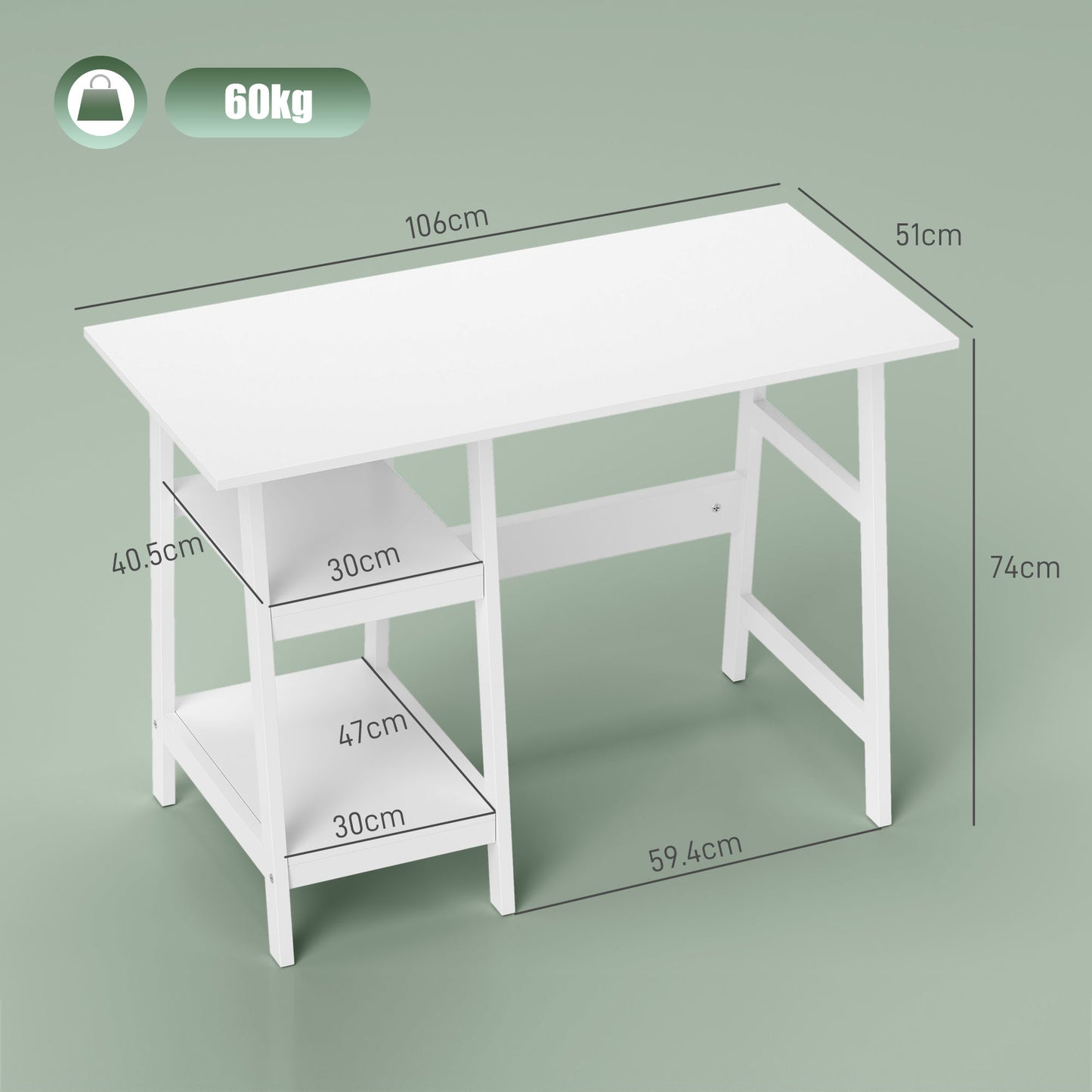 Hakeka 106cm White Wooden Compact Desk With Bookshelf Storage