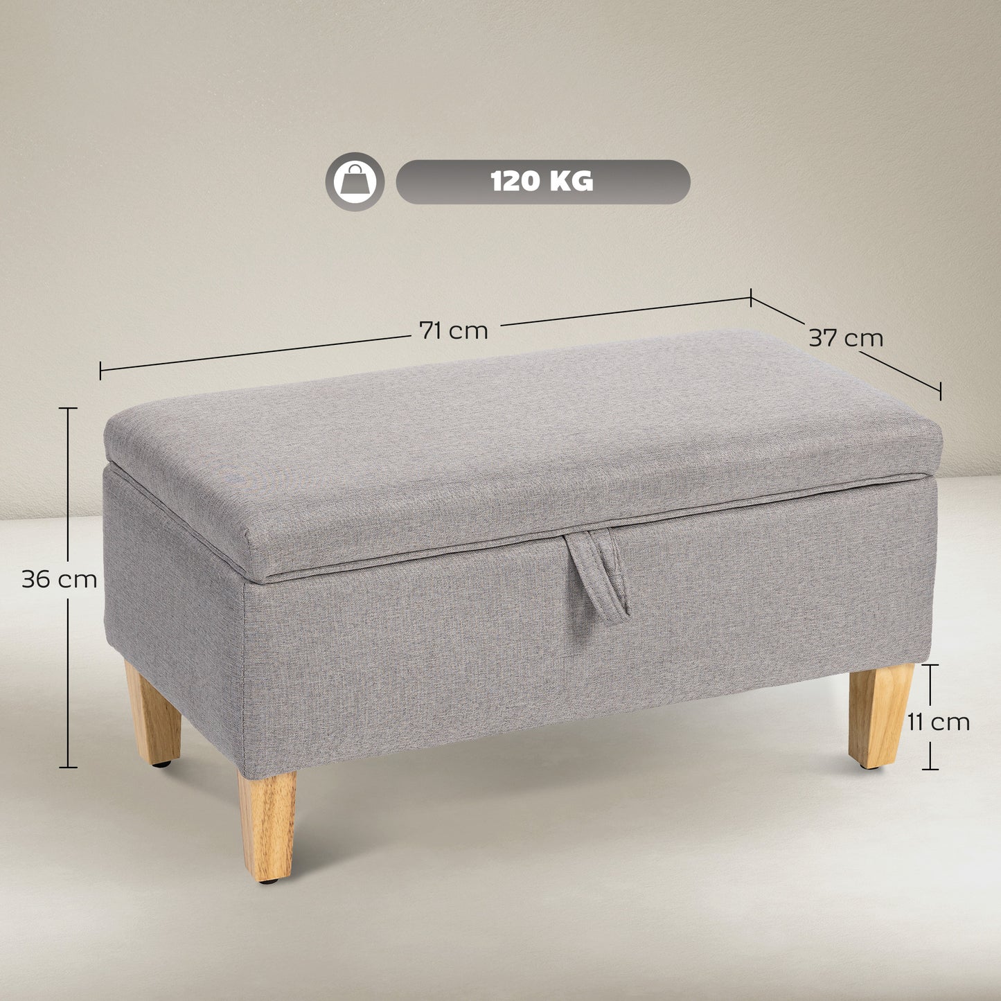 Solo Linen Light Grey Storage Footstool With Storage Natural Wooden Legs