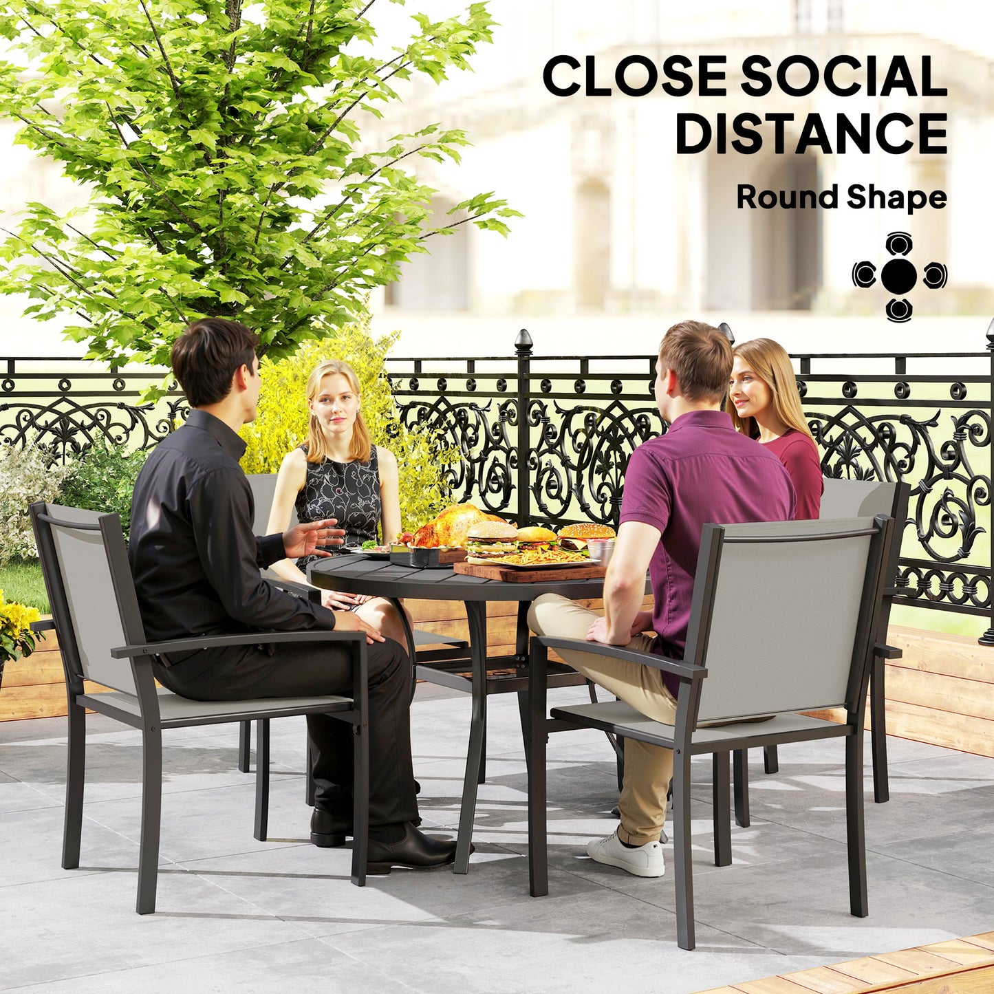 Rava 4 Seater Grey Mesh Outdoor Garden Dining Set with 4 Stackable Chairs