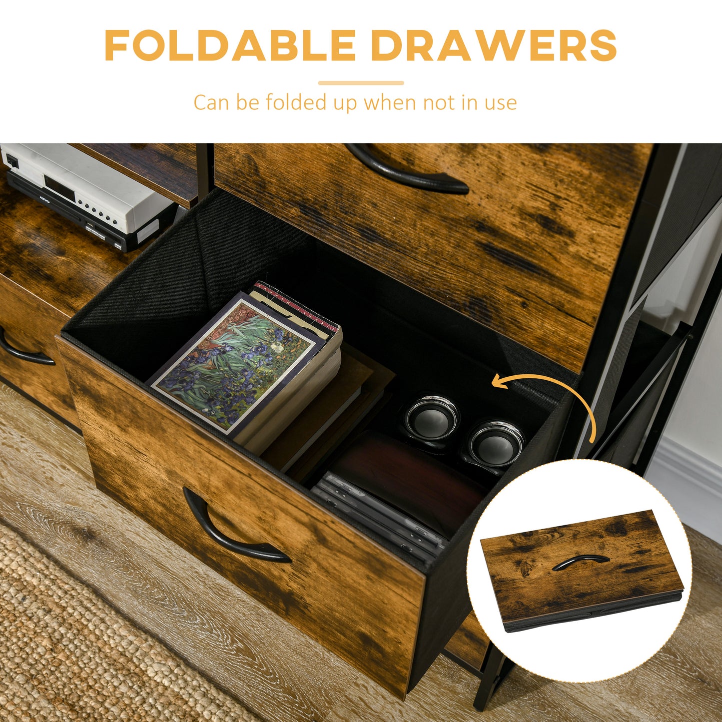 Rana Black Metal And Rustic Brown Unit With Shelves And Fabric Drawers