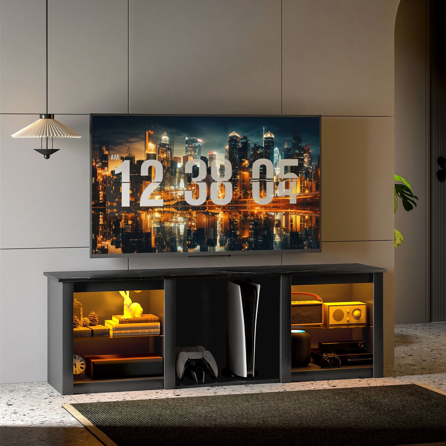 Filu Nara 160cm Wooden Black TV Stand With LED Lighting And Storage For 65 Inch Screens