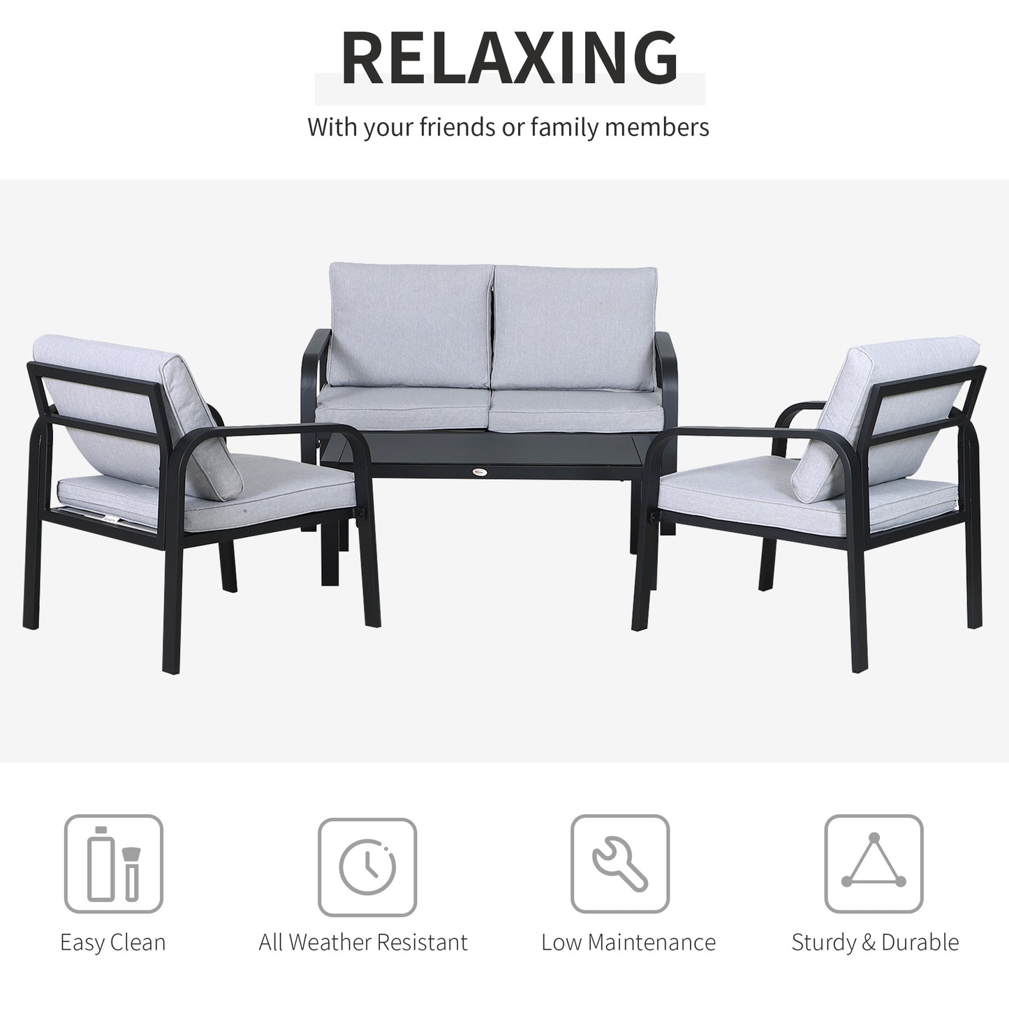 Salela 4 Seater Light Grey Garden Sofa Set with Sofa 2 Armchairs and Coffee Table Black Aluminium Frame