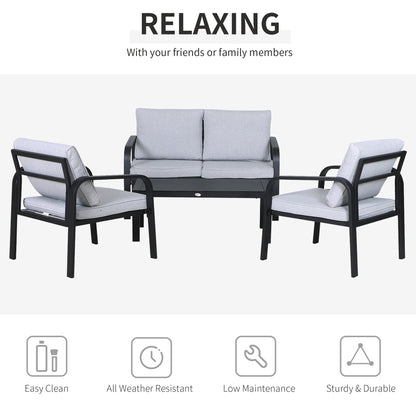Salela 4 Seater Light Grey Garden Sofa Set with Sofa 2 Armchairs and Coffee Table Black Aluminium Frame