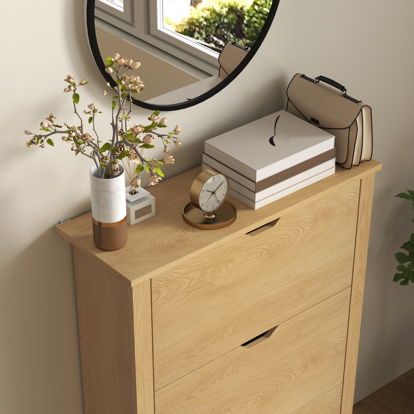 Nesela Wooden Natural Wood Finish Slim Shoe Cabinet With 3 Flip Drawers For 18 Pairs