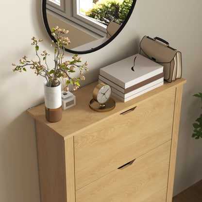 Nesela Wooden Natural Wood Finish Slim Shoe Cabinet With 3 Flip Drawers For 18 Pairs