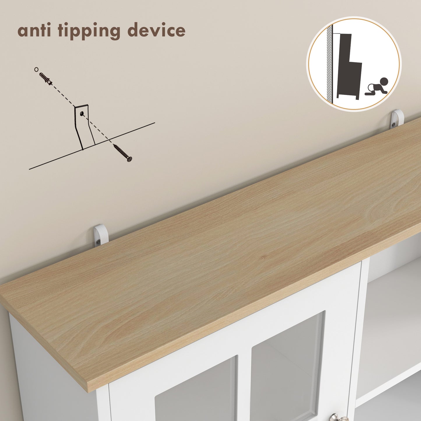 Somire Wooden White Kitchen Storage Cabinet With Glass Doors Countertop And Adjustable Shelves