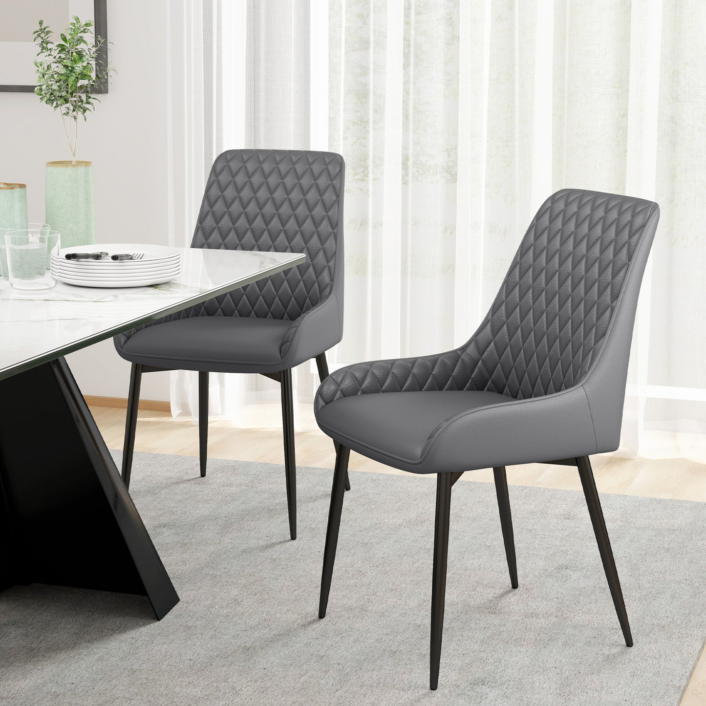 Farazi Faux Leather Grey Quilted Dining Chairs Set Of 2 With Steel Frame And Foot Caps