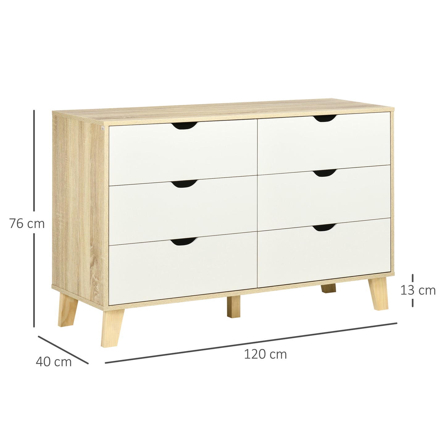 Valu Natural Wood and White Wide 6 Drawer Chest With Wooden Legs