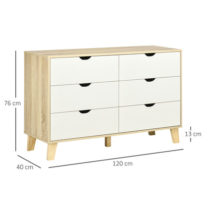 Valu Natural Wood and White Wide 6 Drawer Chest With Wooden Legs