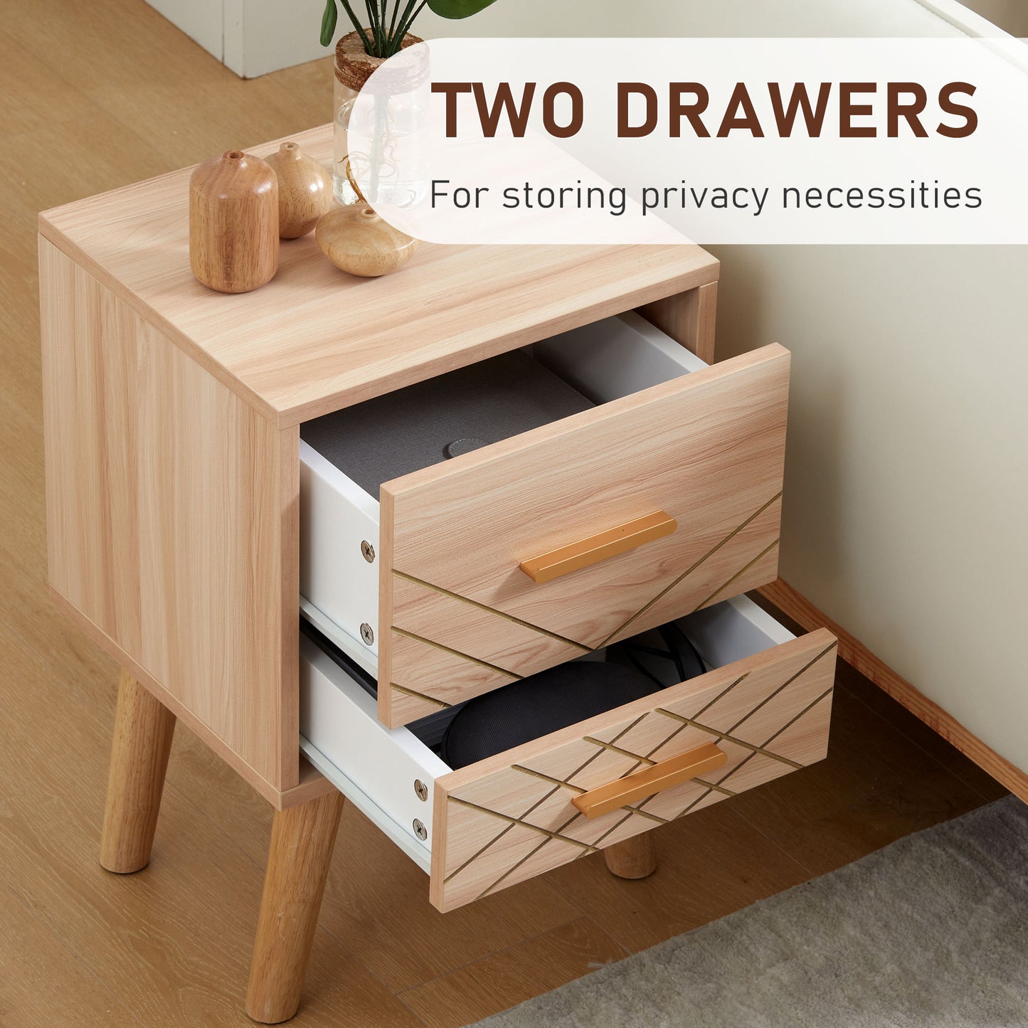 Reyo Set Of 2 Wooden Natural Scandinavian Bedside Tables 2 Drawers