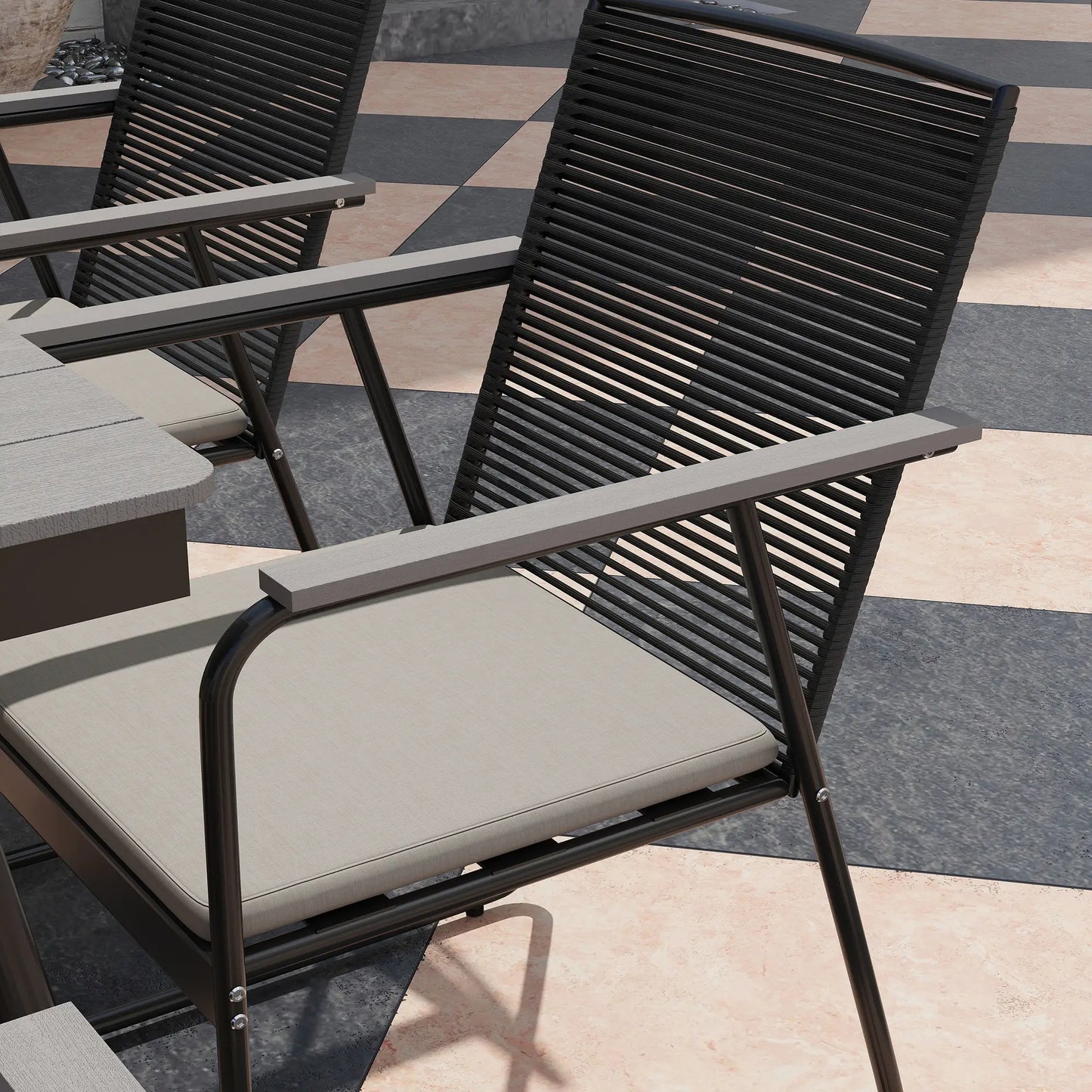 Karutte 6 Seater Garden Dining Set featuring Soft Cushions Rattan Backrest Rectangular Plastic Top Garden Furniture Set Outdoor Dining Table & Chairs for Patio Balcony Poolside Grey