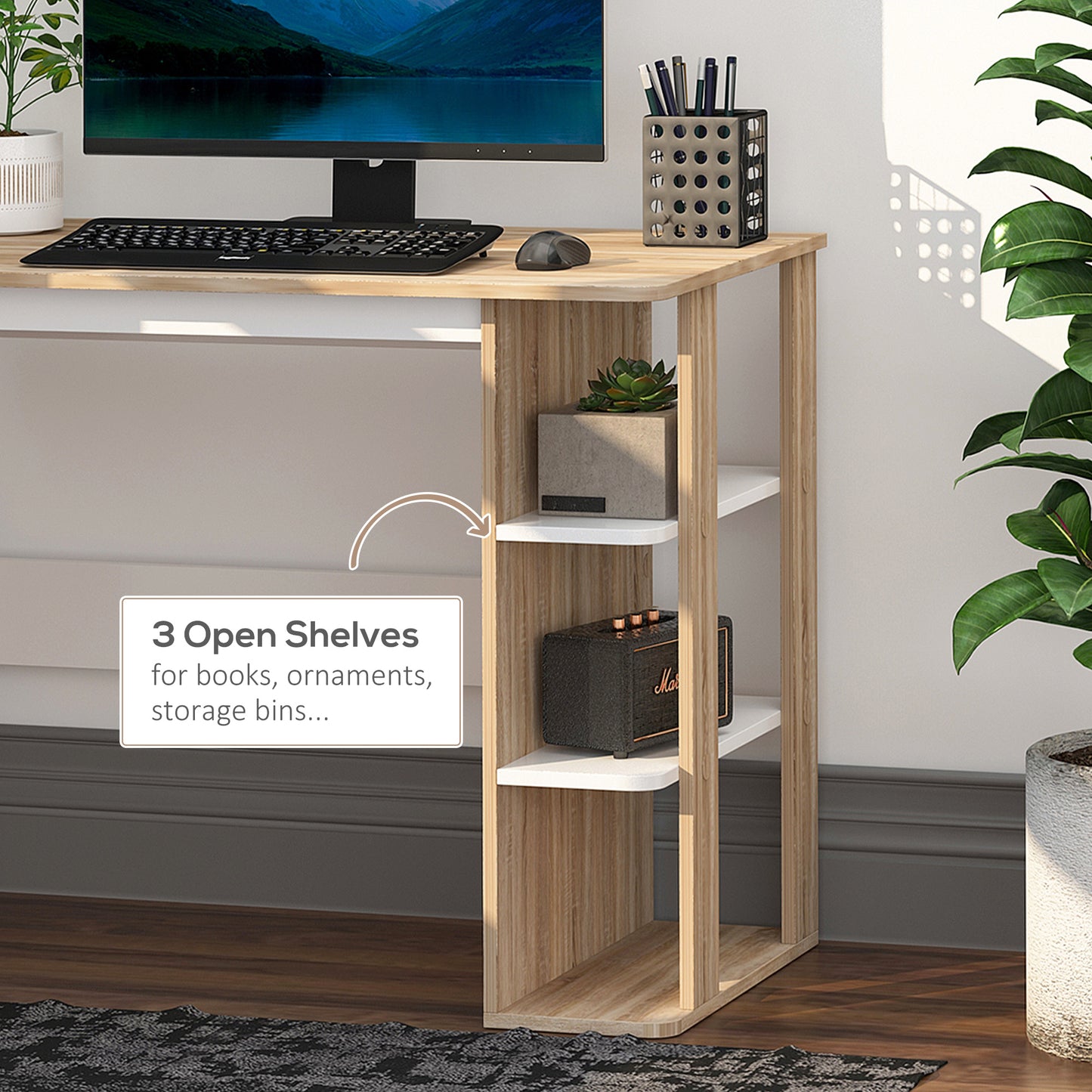 Halama 100cm Wooden Oak And White Writing Desk With 3 Tier Storage Shelving
