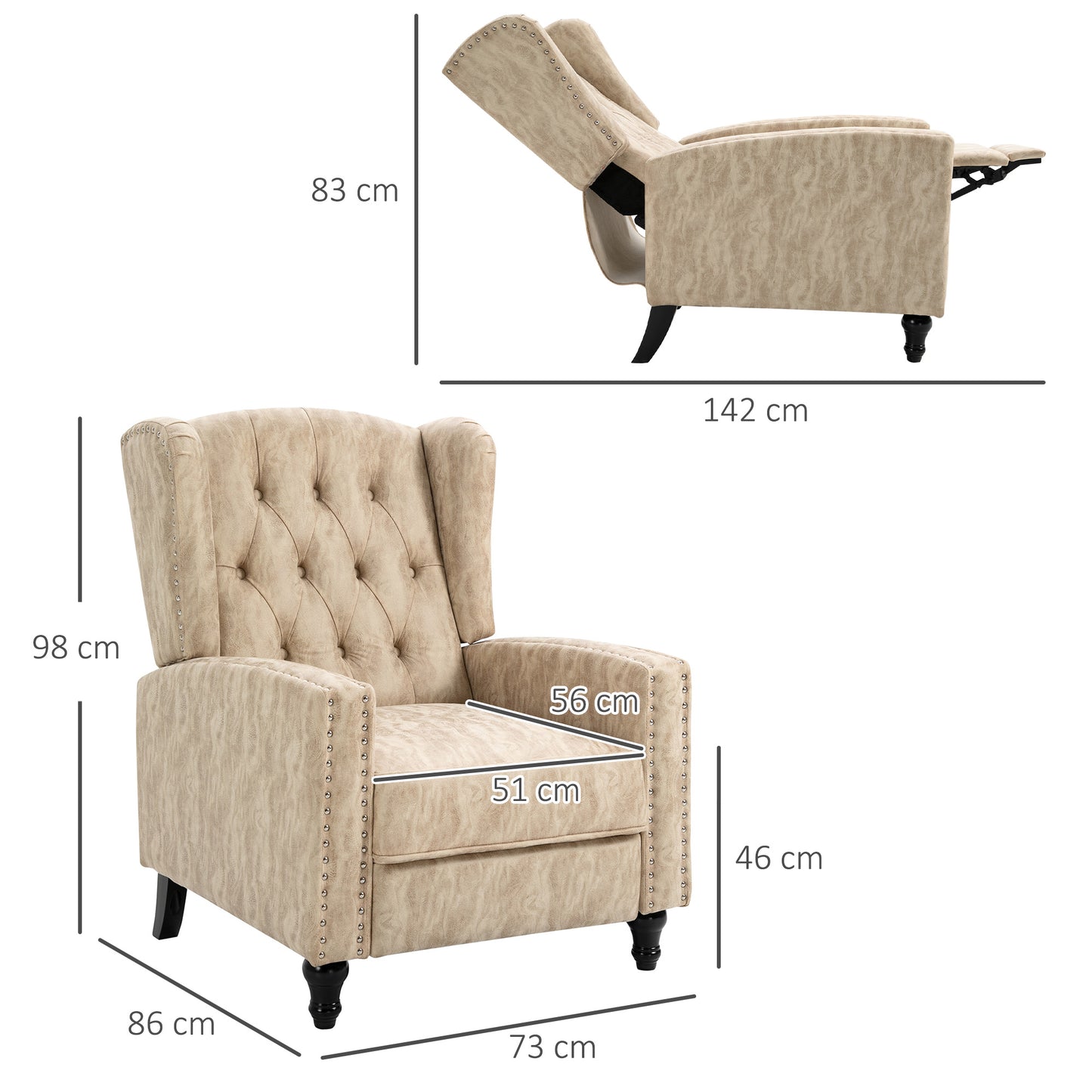 Conofa Beige Fabric Chesterfield Mid Century Style Reclining Armchair