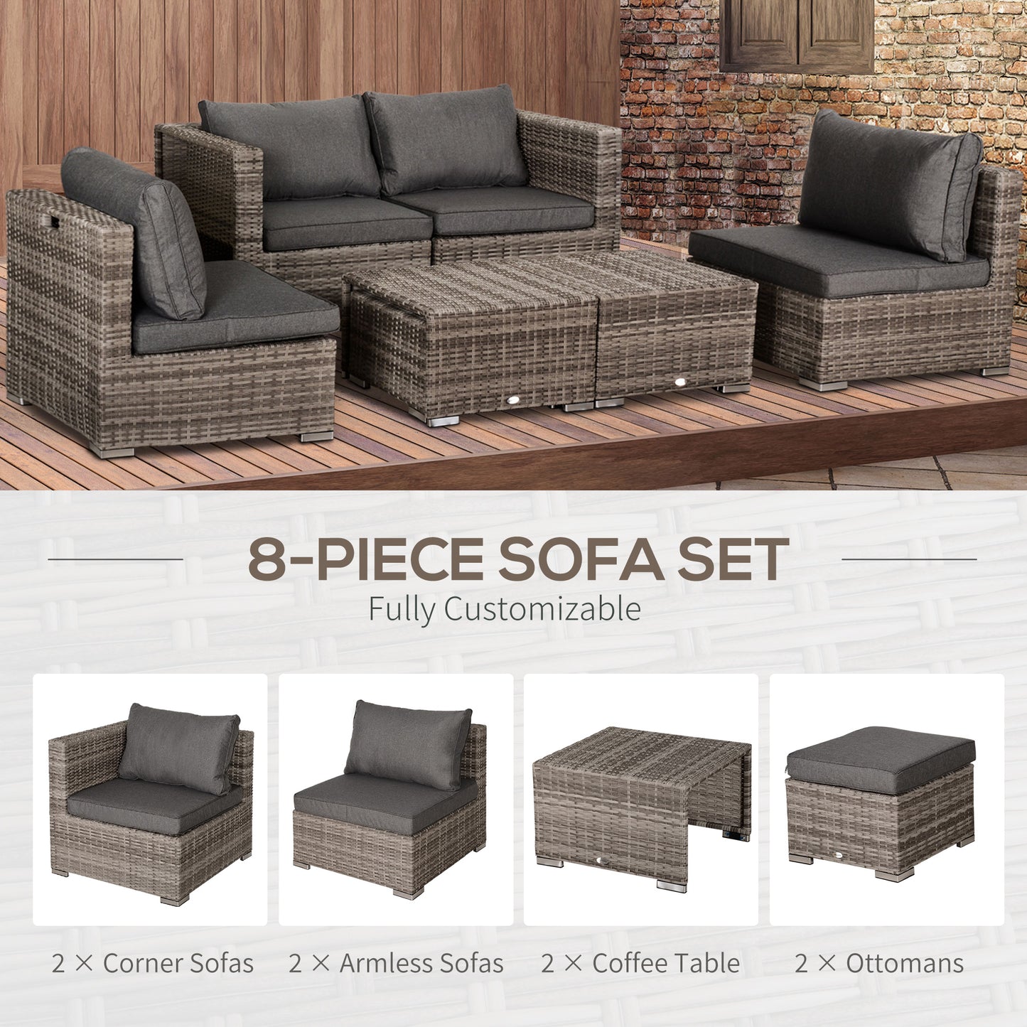 Relu Mixed Grey Rattan 6 Seater Outdoor Garden Sofa Set With Chairs Footstools and Tables