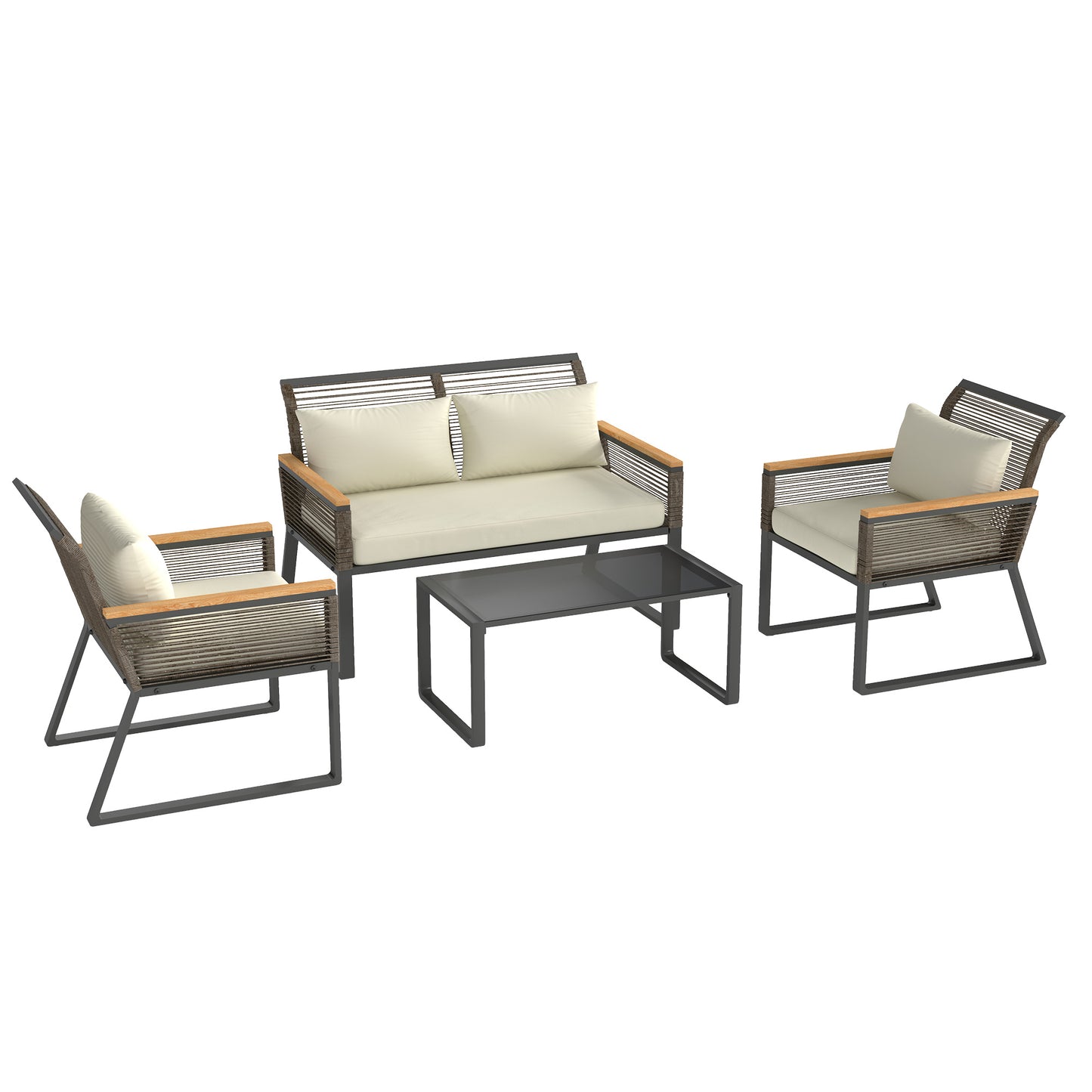 Rimodo Rope Wicker Grey 4 Seater Outdoor Garden Furniture Set With Glass Coffee Table