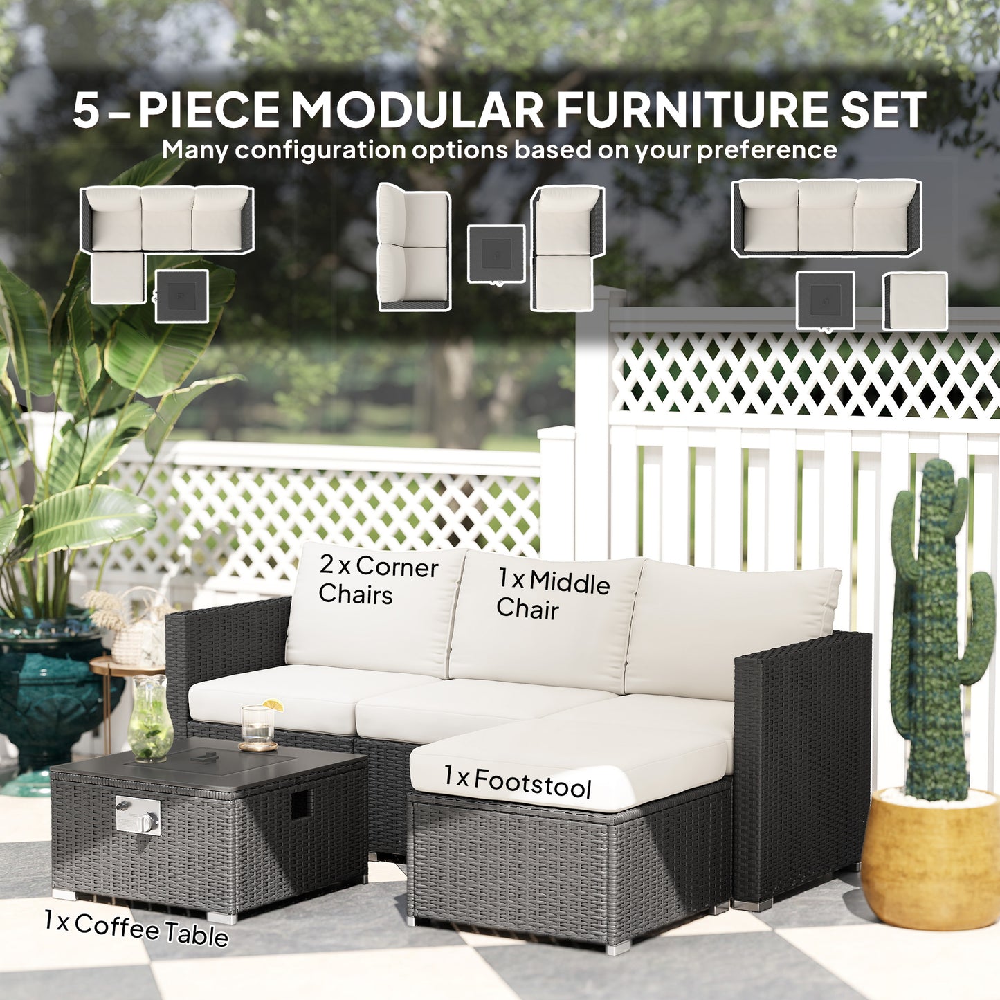 Misa Rattan Black And Cream 5 Piece Garden Furniture Set With Gas Fire Pit Table And Footstool