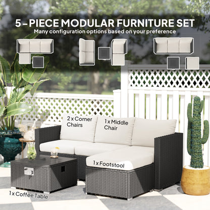 Misa Rattan Black And Cream 5 Piece Garden Furniture Set With Gas Fire Pit Table And Footstool