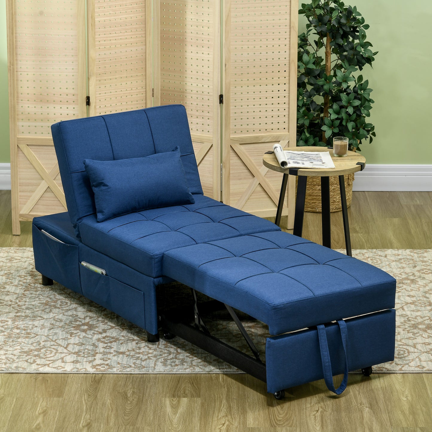 Leve Fabric Blue 4 In One Convertible Chair Bed With Adjustable Back Side Pocket Wheels And Pillow