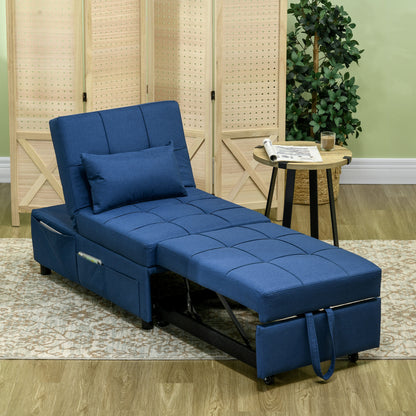Leve Fabric Blue 4 In One Convertible Chair Bed With Adjustable Back Side Pocket Wheels And Pillow