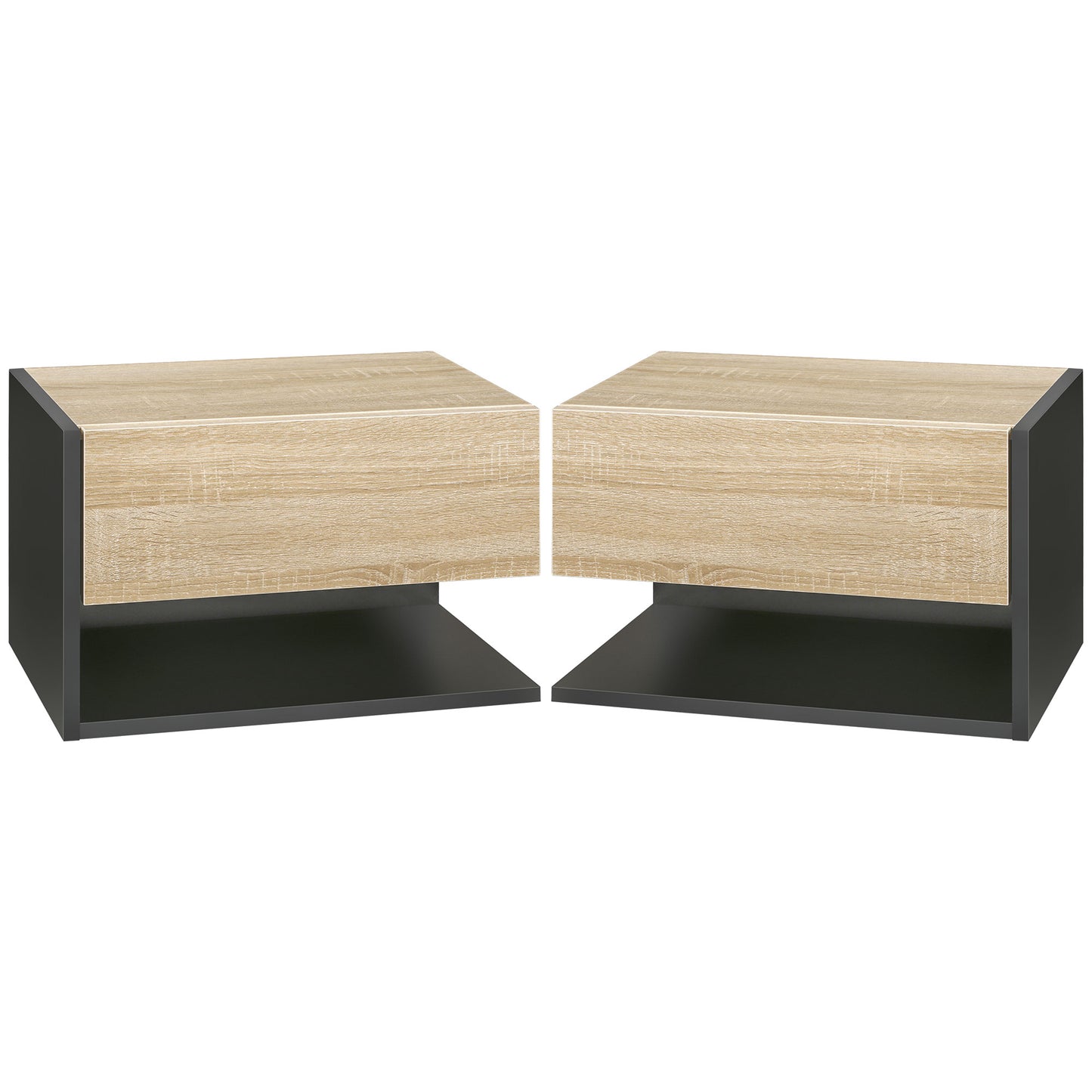 Sebato Set of 2 Oak Effect Wooden Floating Bedside Tables With Drawer And Shelf Wall Mounted 46 x 30 x 30 cm