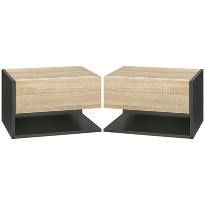 Sebato Set of 2 Oak Effect Wooden Floating Bedside Tables With Drawer And Shelf Wall Mounted 46 x 30 x 30 cm