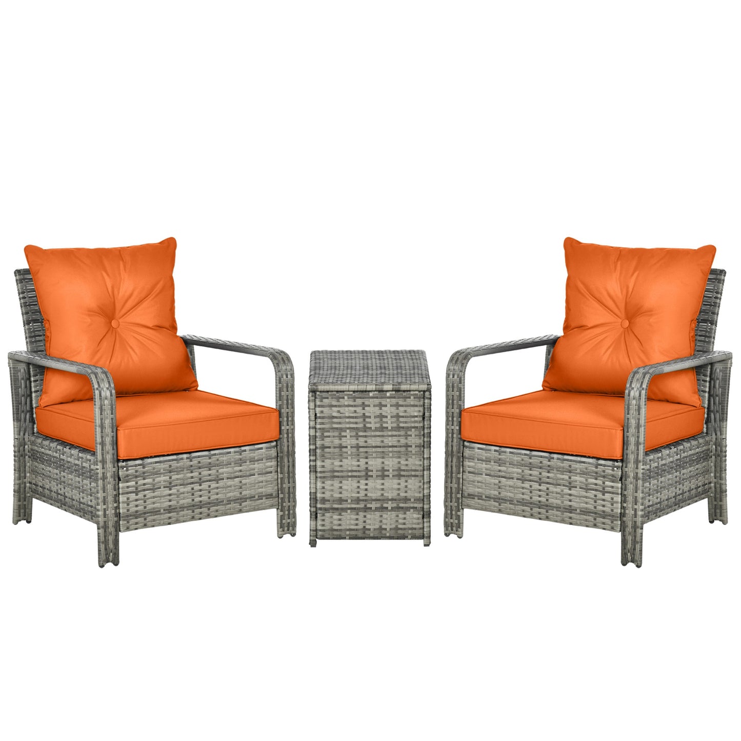 Nola Nora Gey Rattan 3 Piece Bistro Set With Storage Coffee Table And Orange Cushions