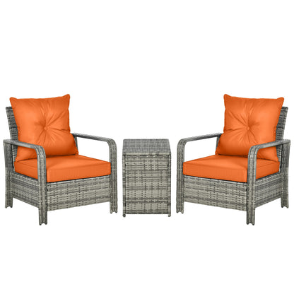 Nola Nora Gey Rattan 3 Piece Bistro Set With Storage Coffee Table And Orange Cushions
