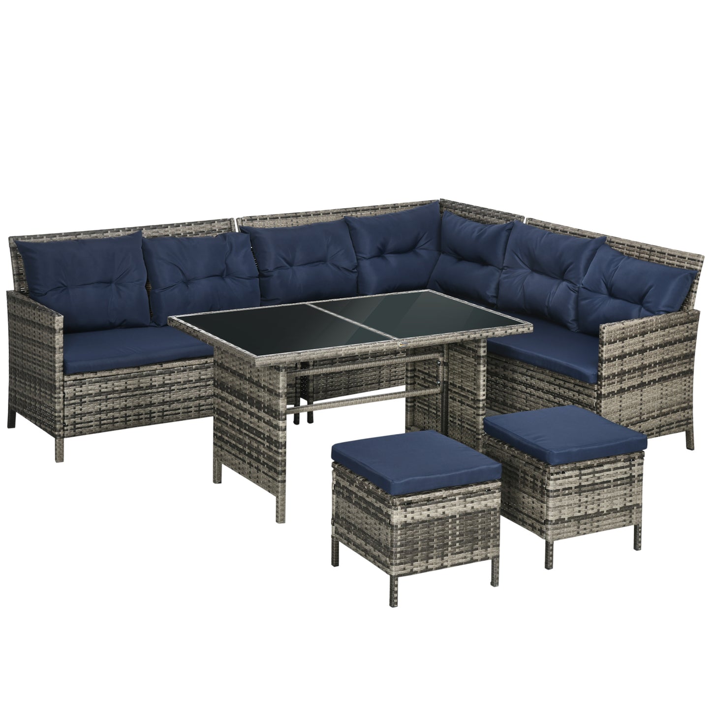 Rarapa Rattan Dark Blue 7 Seater Garden Sofa Set With Glass Table And Cushions
