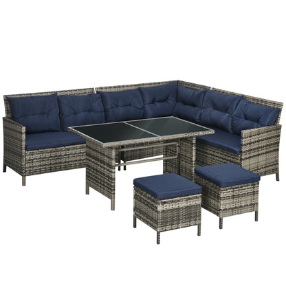 Rarapa Rattan Dark Blue 7 Seater Garden Sofa Set With Glass Table And Cushions